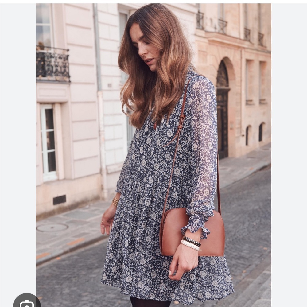 Sezane Navy Floral Ruffled Mini Dress